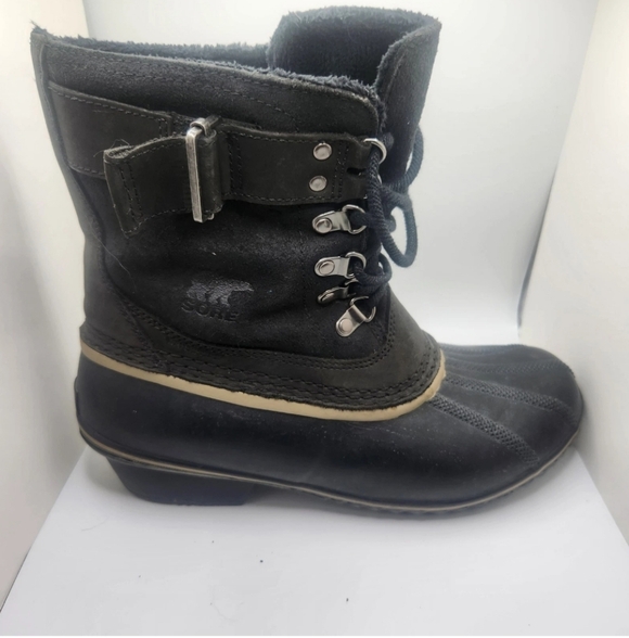 Sorel Fancy Lace II Black Suede Rubber Waterproof Mid Calf Boots size 9.5 Felt - Picture 1 of 9